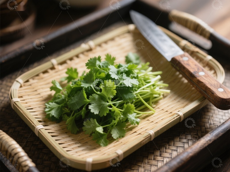 高清大图下载【趣麦麦图】新鲜香菜置于竹篮，旁配刀具