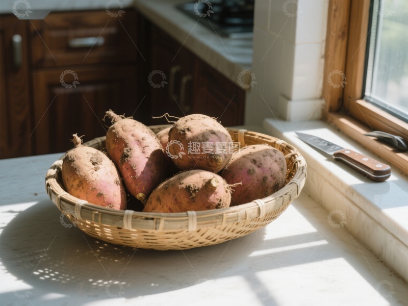 高清大图下载【趣麦麦图】竹篮中的红薯置于厨房窗台