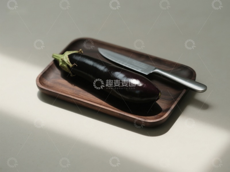 高清大图下载【趣麦麦图】茄子与刀置于木质托盘