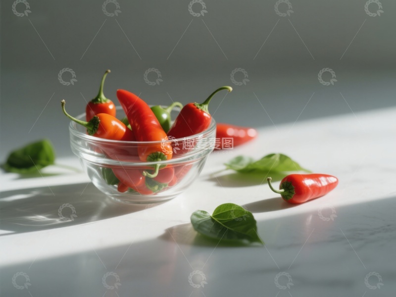 高清大图下载【趣麦麦图】玻璃碗中的红辣椒与绿叶