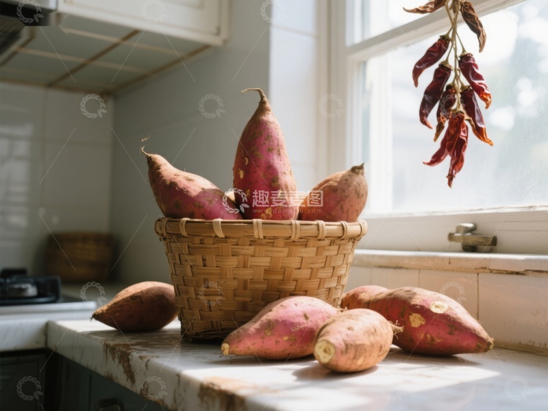 高清大图下载【趣麦麦图】厨房窗台上的红薯与干辣椒