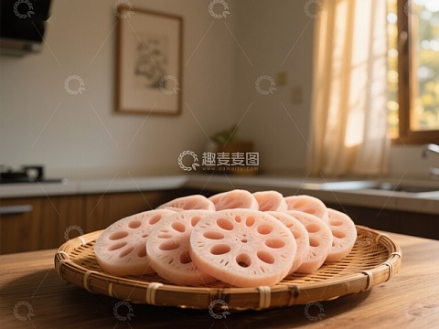 莲藕切片置于竹盘，厨房背景温馨
