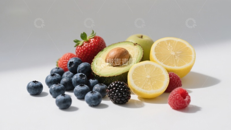 高清大图下载【趣麦麦图】新鲜水果组合：蓝莓、柠檬、草莓等