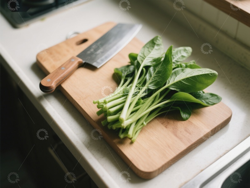 高清大图下载【趣麦麦图】新鲜菠菜置于木制砧板上