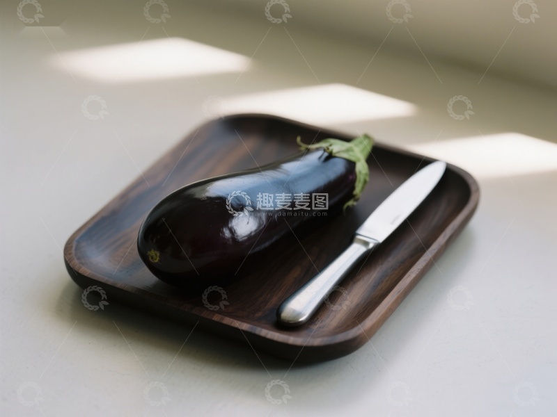 高清大图下载【趣麦麦图】茄子与刀置于木质托盘上