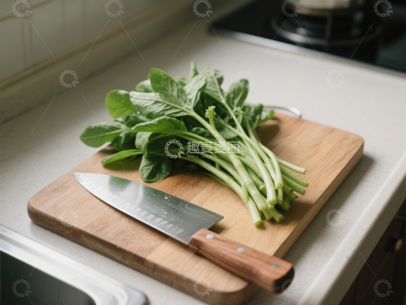 高清大图下载【趣麦麦图】新鲜绿叶蔬菜置于砧板上