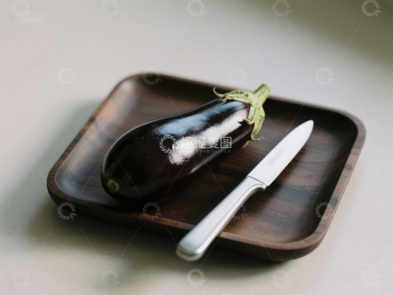 高清大图下载【趣麦麦图】茄子与刀置于木质托盘