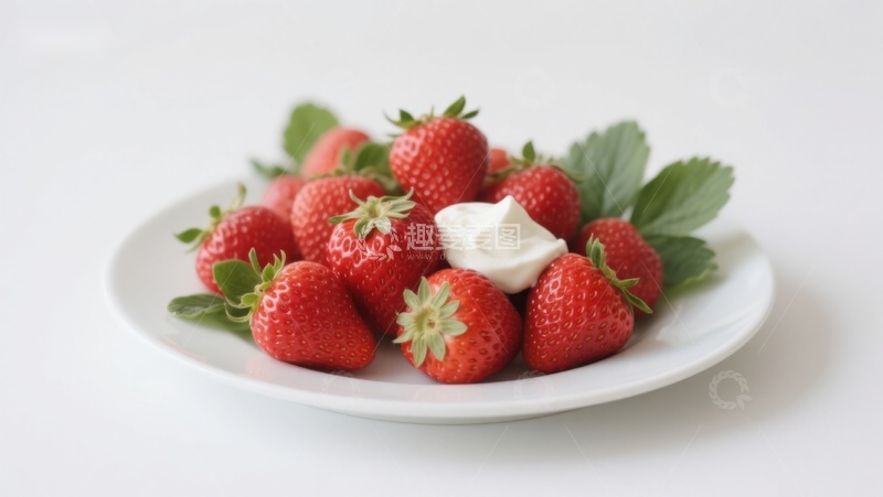 高清大图下载【趣麦麦图】新鲜草莓配奶油，简洁摆盘