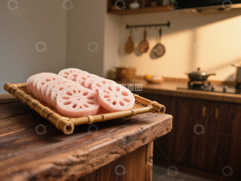 高清大图下载【趣麦麦图】莲藕切片置于竹篮，厨房背景温馨