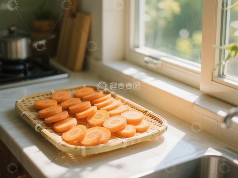 高清大图下载【趣麦麦图】窗边竹篮中的切片胡萝卜