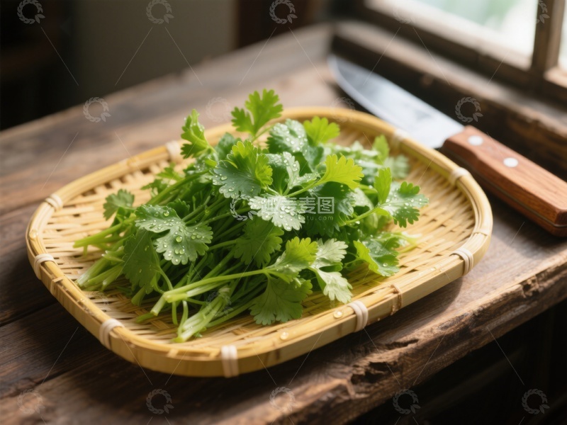 高清大图下载【趣麦麦图】新鲜香菜置于竹篮，旁配刀具
