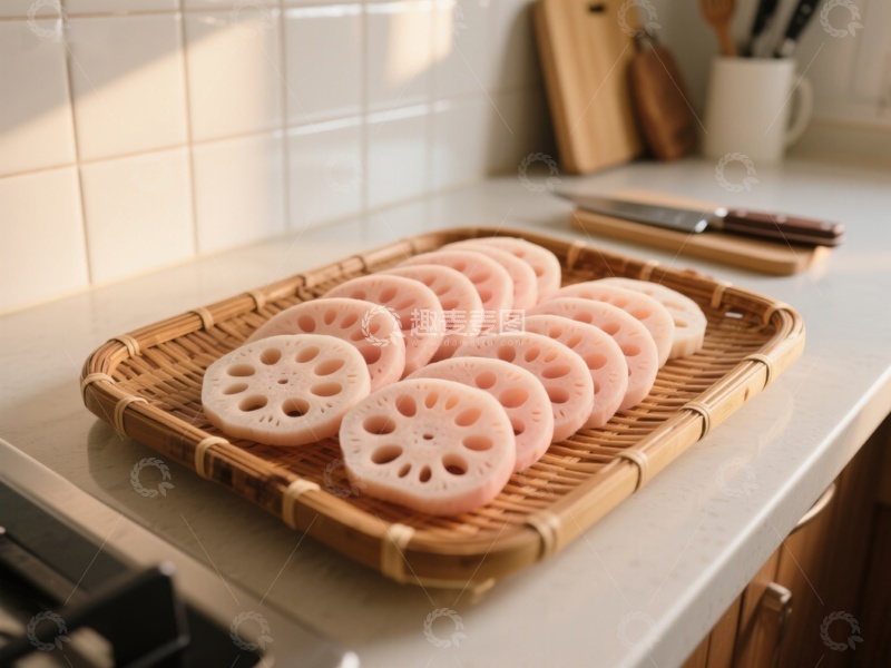高清大图下载【趣麦麦图】莲藕切片置于竹制托盘上