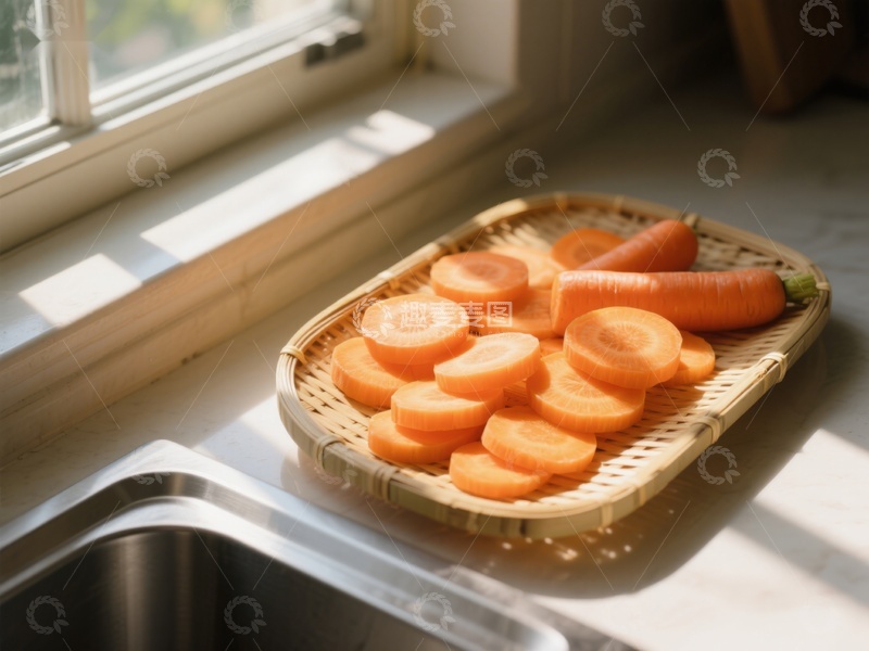 高清大图下载【趣麦麦图】窗边竹篮中的胡萝卜片