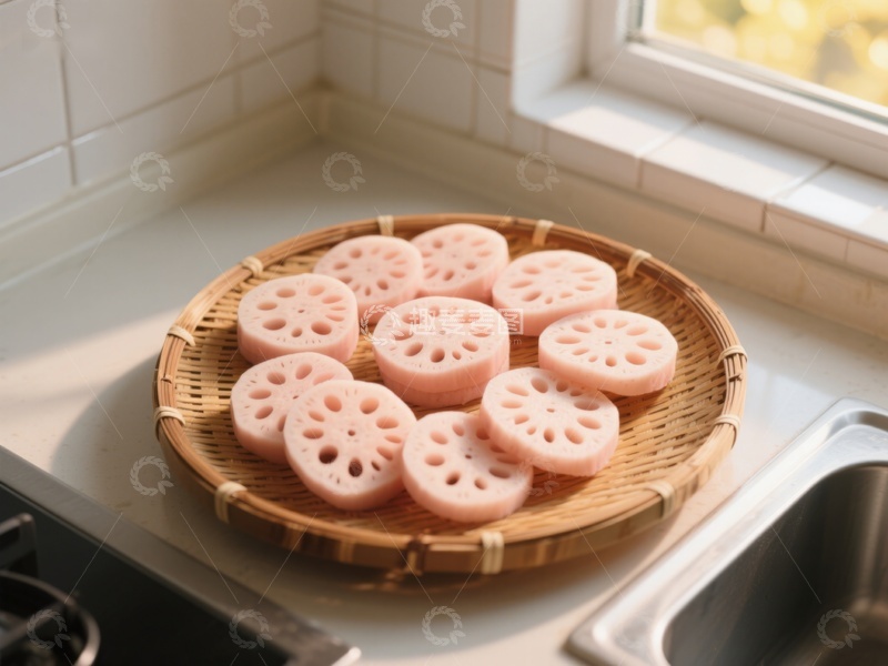 高清大图下载【趣麦麦图】莲藕切片置于竹筛上