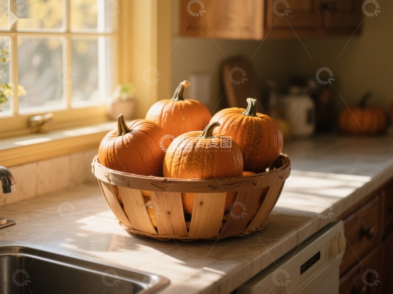 高清大图下载【趣麦麦图】厨房窗边的南瓜篮