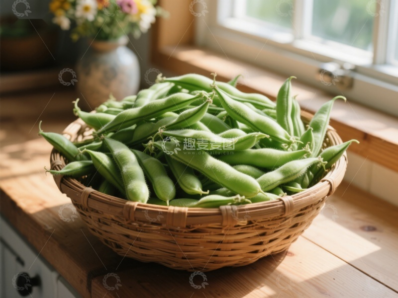 高清大图下载【趣麦麦图】窗边竹篮里的新鲜豆荚