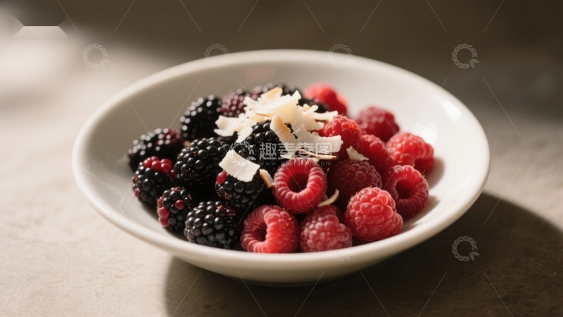高清大图下载【趣麦麦图】新鲜浆果配椰蓉的白色碗