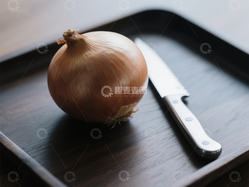 高清大图下载【趣麦麦图】洋葱与刀置于木质托盘