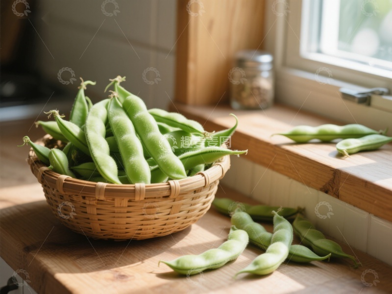 高清大图下载【趣麦麦图】新鲜豌豆置于竹篮，窗边自然光照射