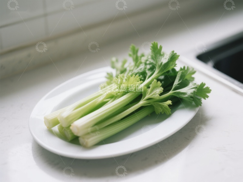 高清大图下载【趣麦麦图】新鲜芹菜置于白色盘中