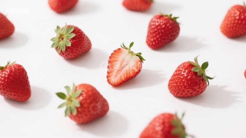 高清大图下载【趣麦麦图】新鲜草莓散落白色背景