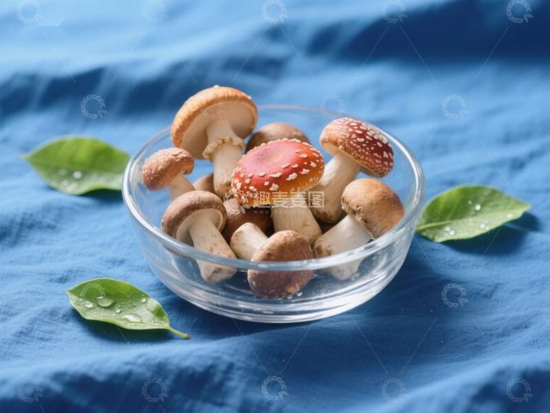 高清大图下载【趣麦麦图】玻璃碗中的蘑菇与绿叶