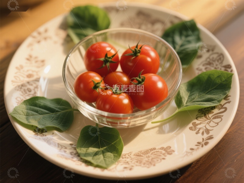 高清大图下载【趣麦麦图】玻璃碗中的樱桃番茄与绿叶装饰
