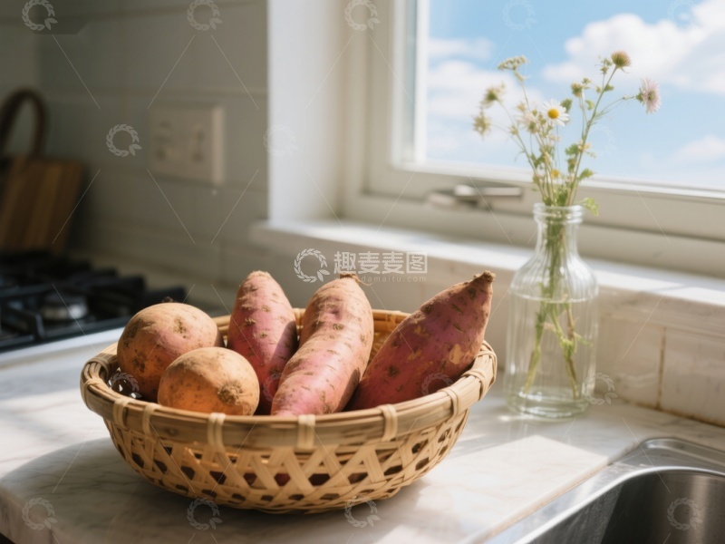 高清大图下载【趣麦麦图】窗边厨房里的红薯与野花