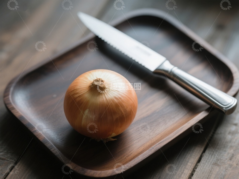 高清大图下载【趣麦麦图】洋葱与刀置于木质托盘