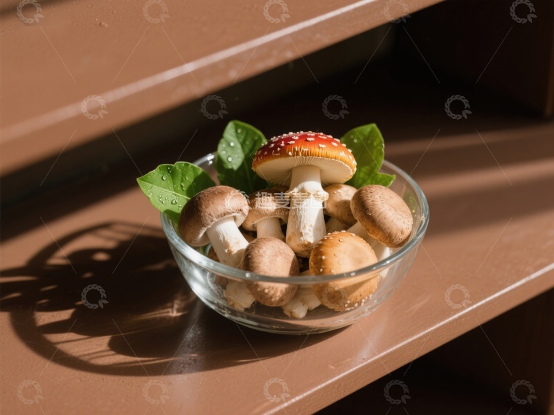 高清大图下载【趣麦麦图】玻璃碗中的蘑菇与绿叶