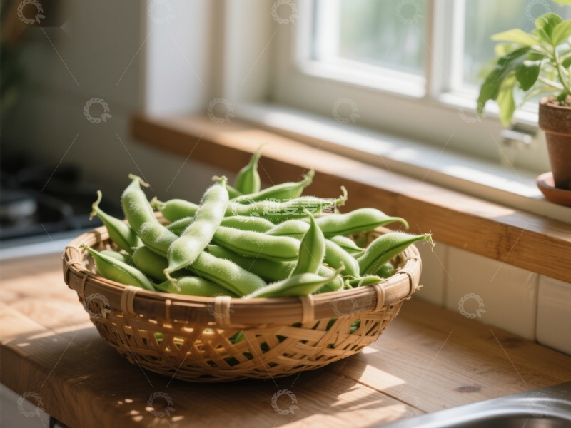 高清大图下载【趣麦麦图】窗边竹篮里的新鲜豆荚