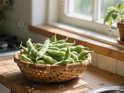 窗边竹篮里的新鲜豆荚