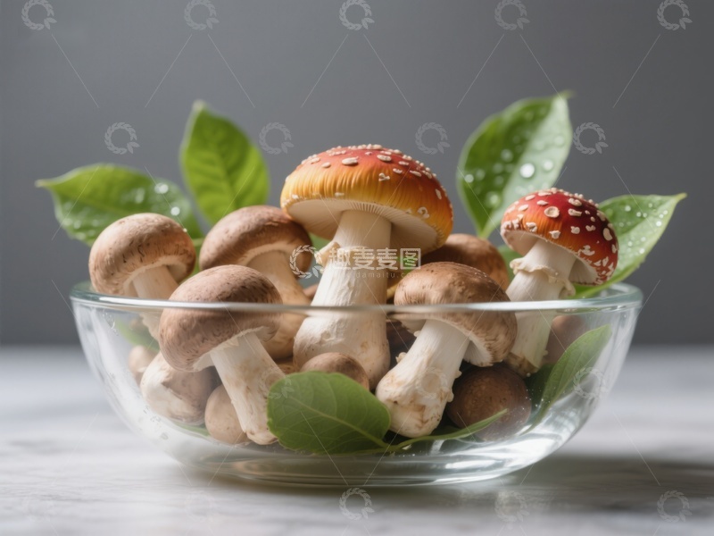 高清大图下载【趣麦麦图】玻璃碗中的蘑菇与绿叶
