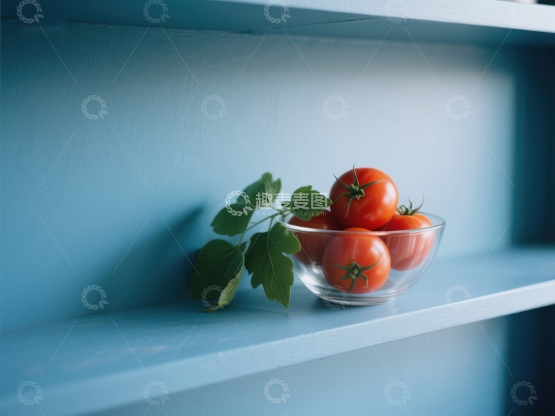 高清大图下载【趣麦麦图】蓝架上的番茄碗