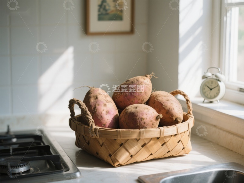 高清大图下载【趣麦麦图】厨房窗边的红薯篮