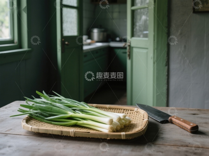 高清大图下载【趣麦麦图】厨房里的葱与刀具