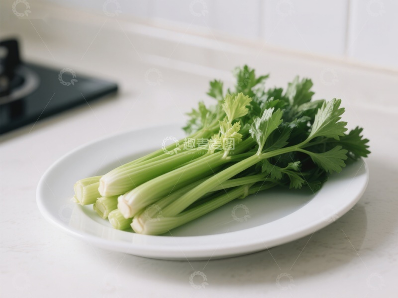 高清大图下载【趣麦麦图】新鲜芹菜置于白色盘中