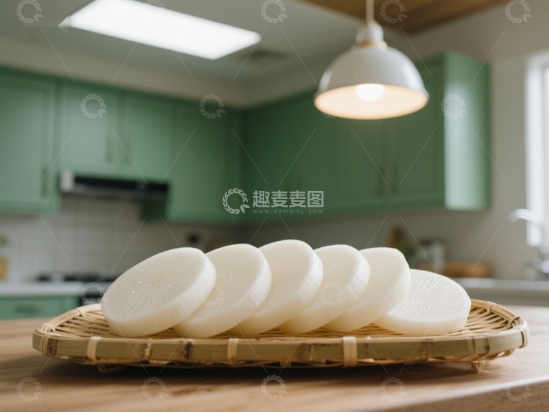 高清大图下载【趣麦麦图】厨房竹篮上的白萝卜片