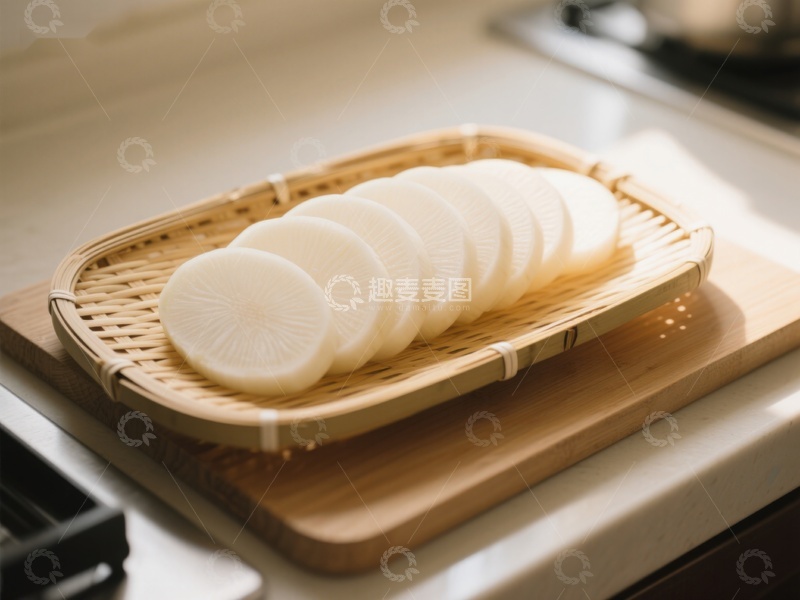 高清大图下载【趣麦麦图】切片白萝卜置于竹篮中