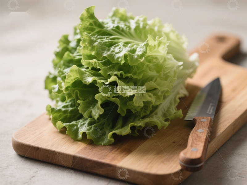 高清大图下载【趣麦麦图】新鲜生菜置于木制砧板上