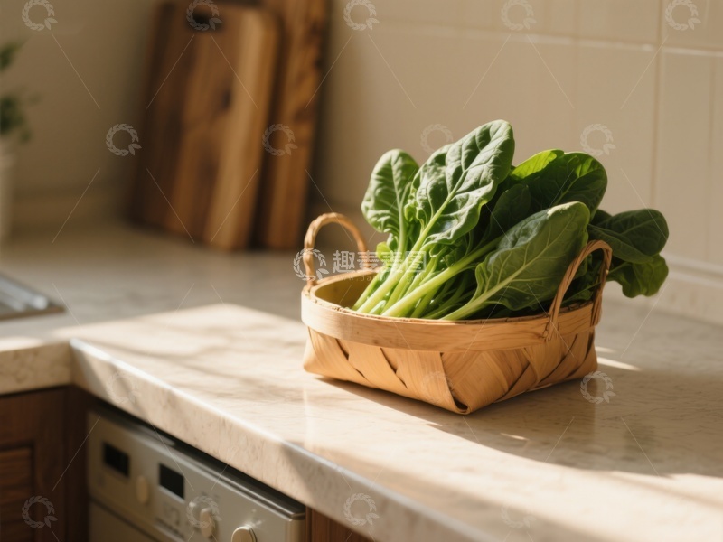 高清大图下载【趣麦麦图】厨房台面上的绿色蔬菜篮