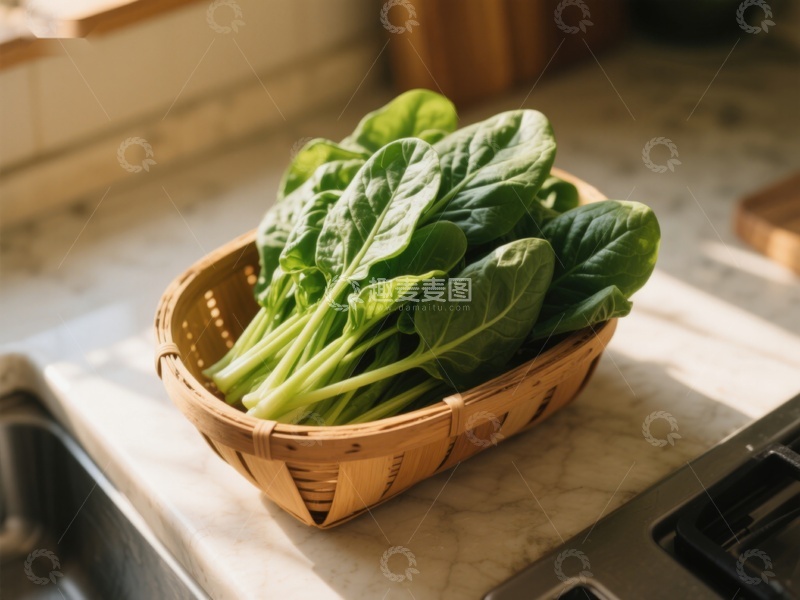 高清大图下载【趣麦麦图】竹篮中的新鲜菠菜