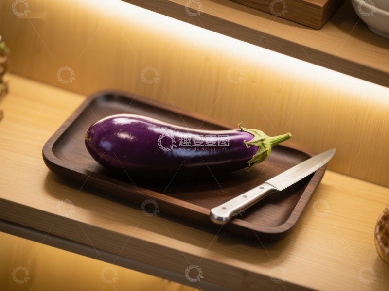 高清大图下载【趣麦麦图】茄子与刀置于木质托盘