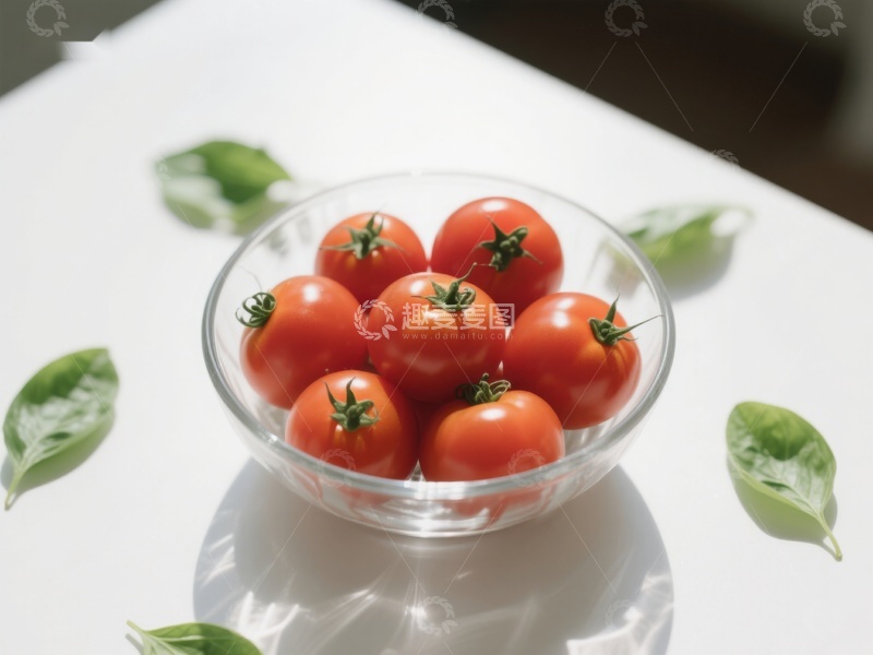 高清大图下载【趣麦麦图】透明碗中的樱桃番茄与绿叶点缀