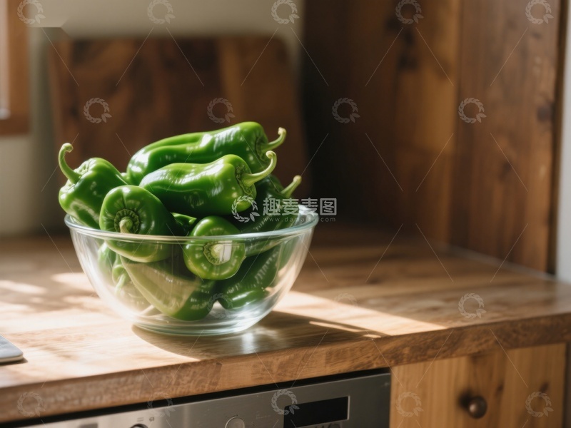 高清大图下载【趣麦麦图】玻璃碗中的青椒置于木质台面