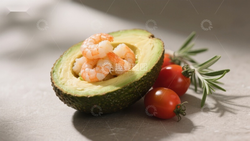 高清大图下载【趣麦麦图】虾仁填满的牛油果配樱桃番茄