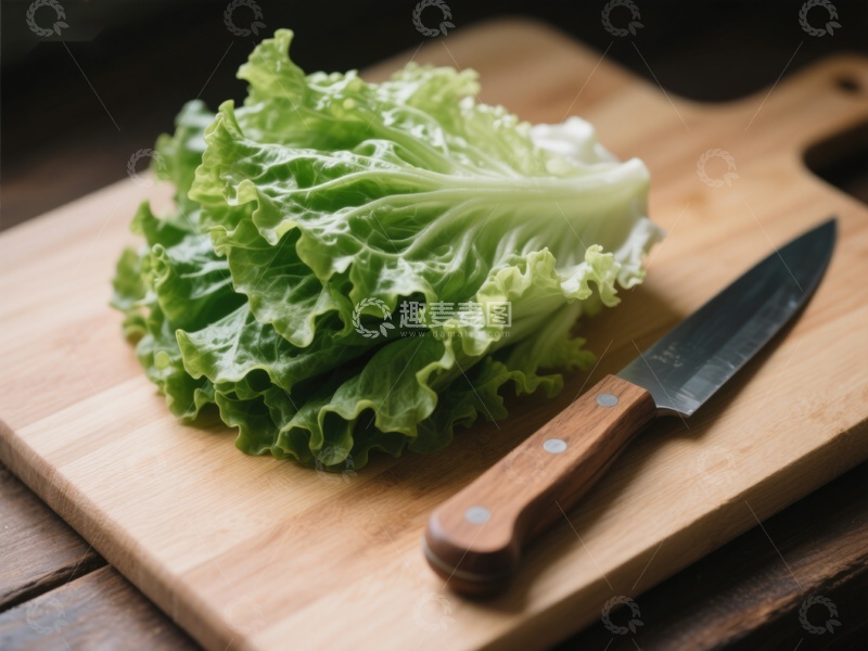 高清大图下载【趣麦麦图】生菜与刀具置于木制砧板上
