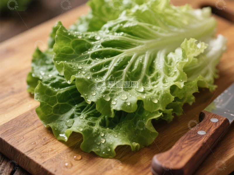 高清大图下载【趣麦麦图】新鲜生菜置于木制砧板上