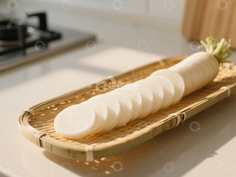 高清大图下载【趣麦麦图】切片白萝卜置于竹制托盘