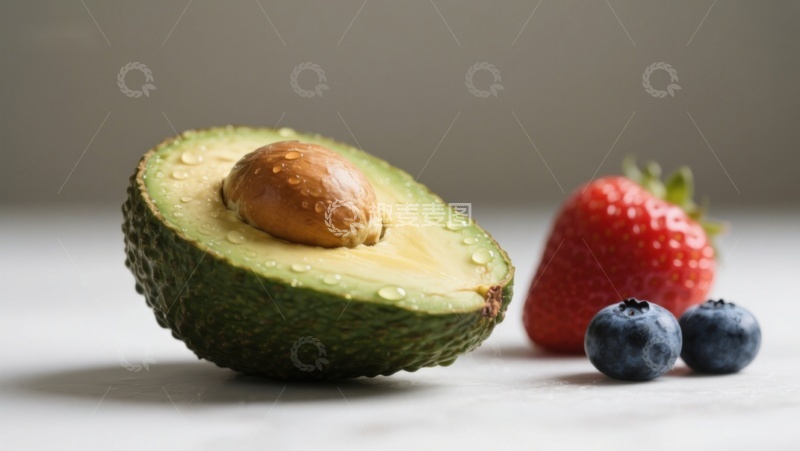 高清大图下载【趣麦麦图】新鲜水果组合：牛油果、草莓与蓝莓